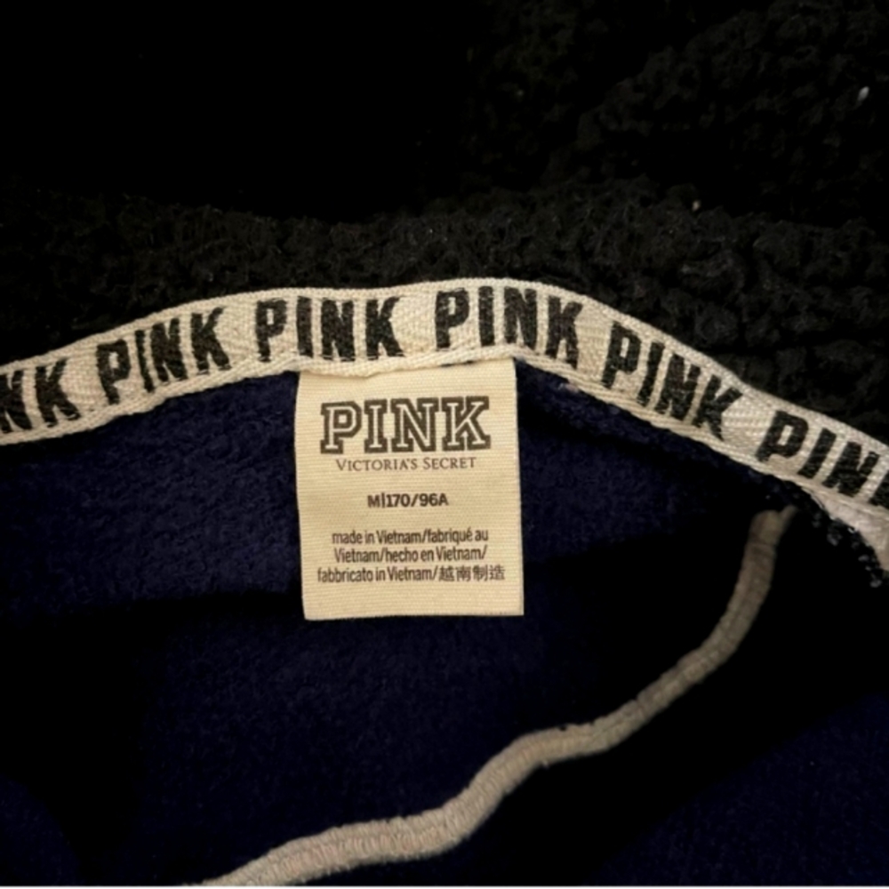 PINK VS Sherpa Satin Dog Quarter Zip Fleece Lined Hood Sweatshirt Navy Blue, Blk - Picture 4 of 4